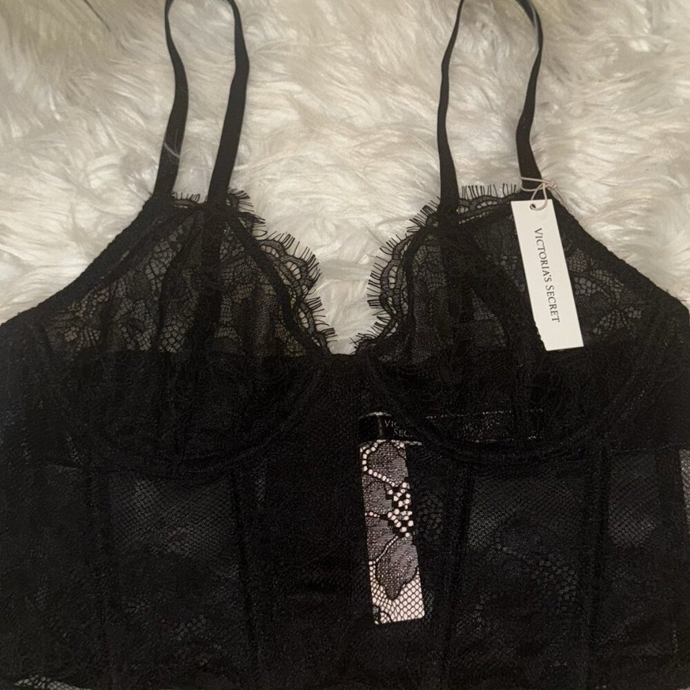 Victorias Secret Lace Longline Bra Corset Underwire Womens M Medium Black New - Picture 3 of 7